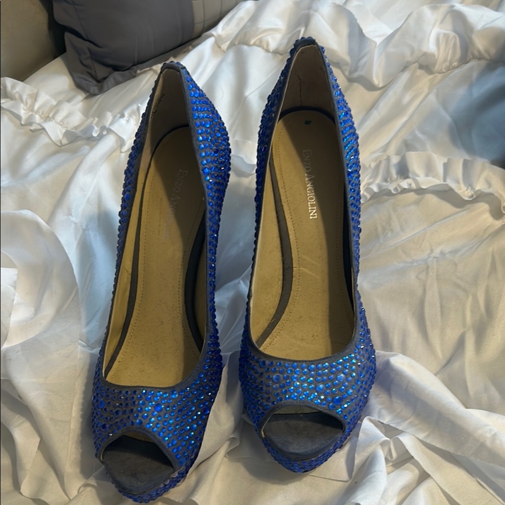 Enzo Angiolini Blue Glitter Peep-Toe Heels